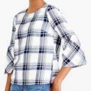 J CREW Mercantile Plaid Top Womens 6 Bell Ruffle Sleeve Lightweight Fabric Shore